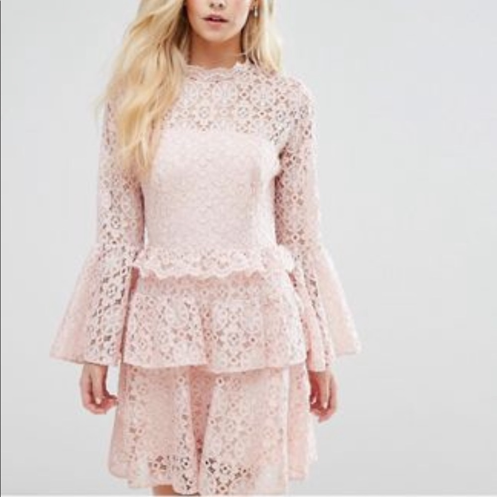 ASOS PETITE pink lace dress with fluted sleeve
